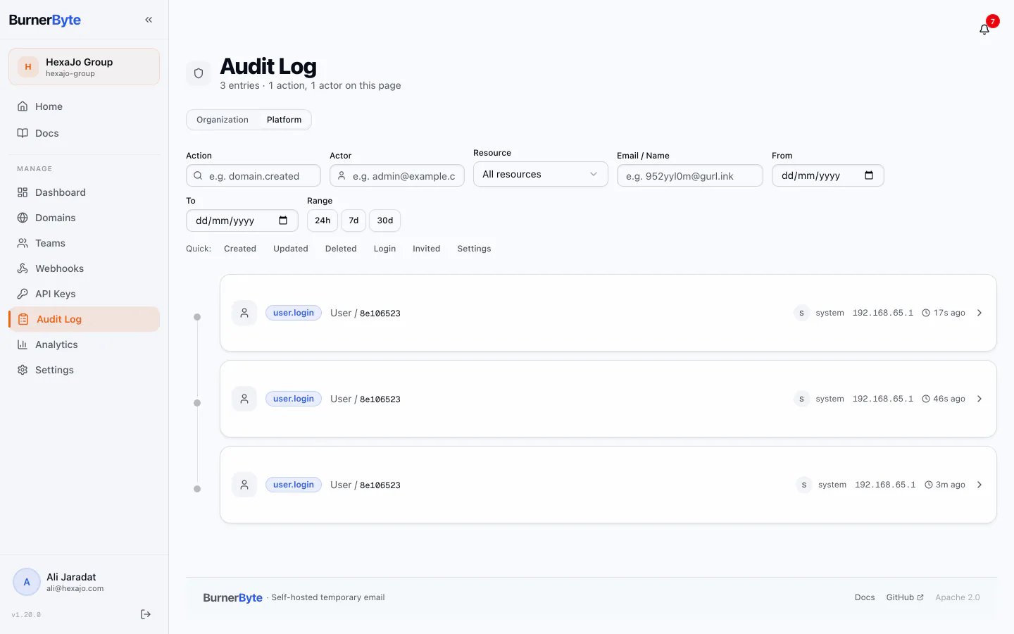 Audit log — Filterable trail with CSV export, plus a platform-wide view.