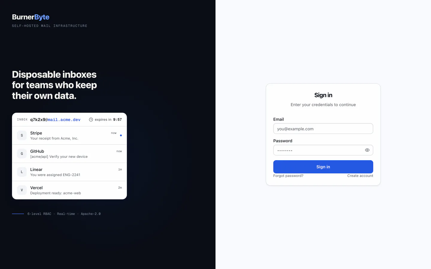 Sign in — Email and password, or SSO when a provider is configured.