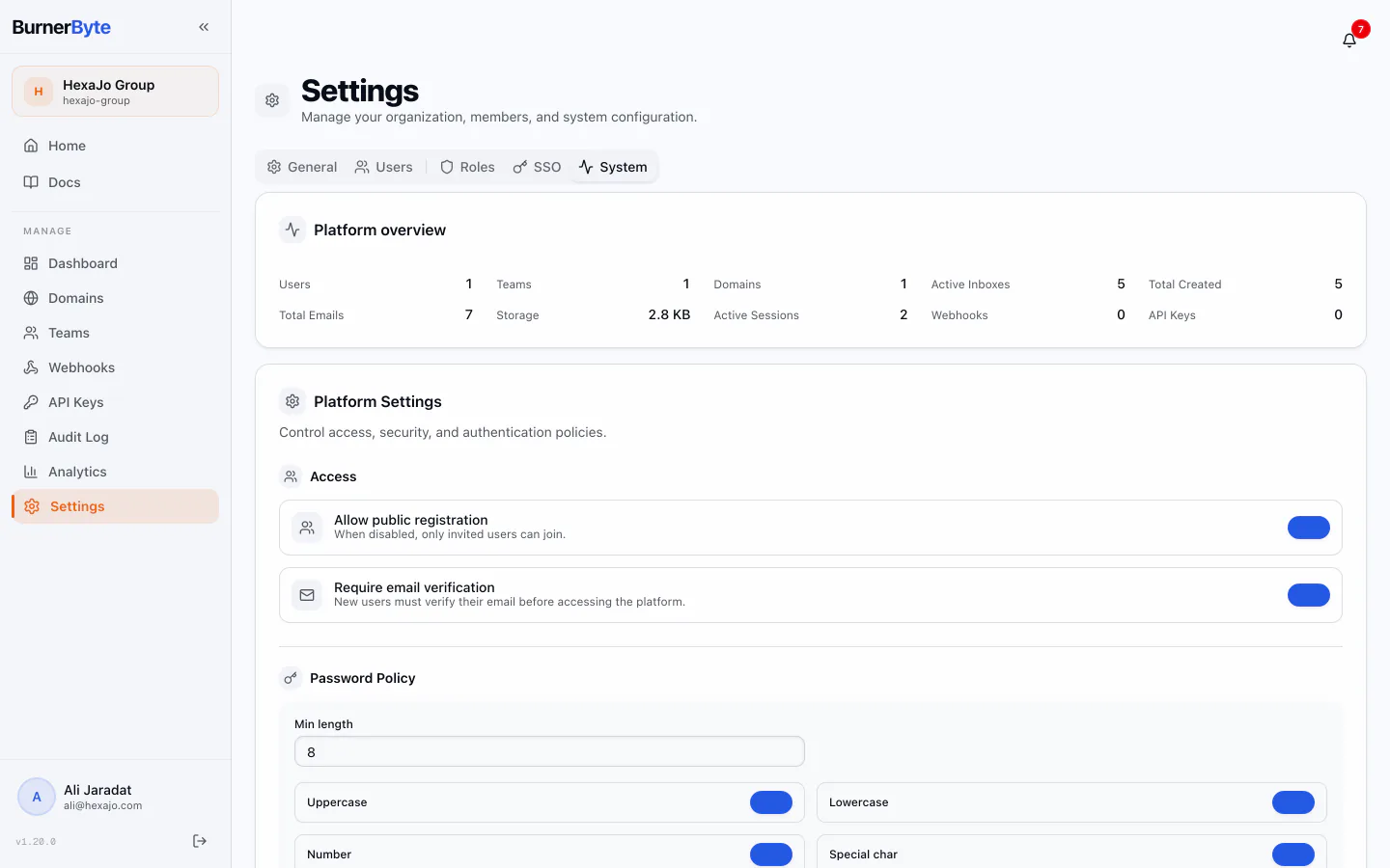 Settings — Org, members, roles, SSO and system configuration in one place.