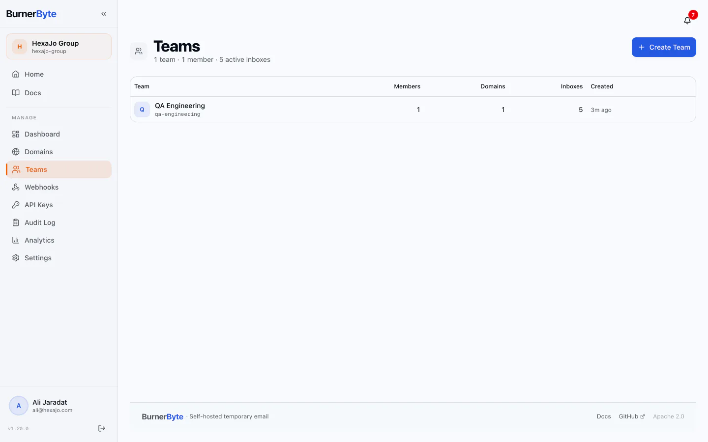 Teams — Members, domain assignments and inbox counts per team.